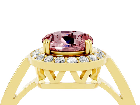 Yellow gold {shape_name} Morganite Halo Ring with Split Shank and Four-Prong Setting_4