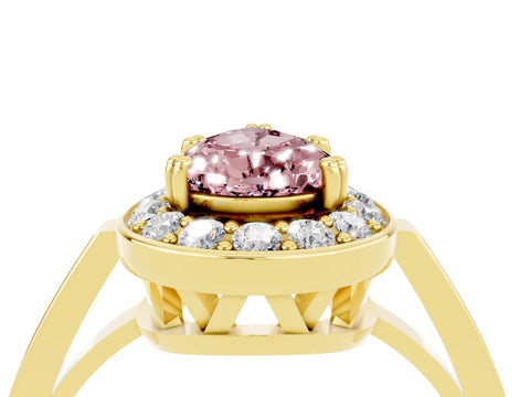 Yellow gold {shape_name} Morganite Halo Ring with Split Shank and Four-Prong Setting_4