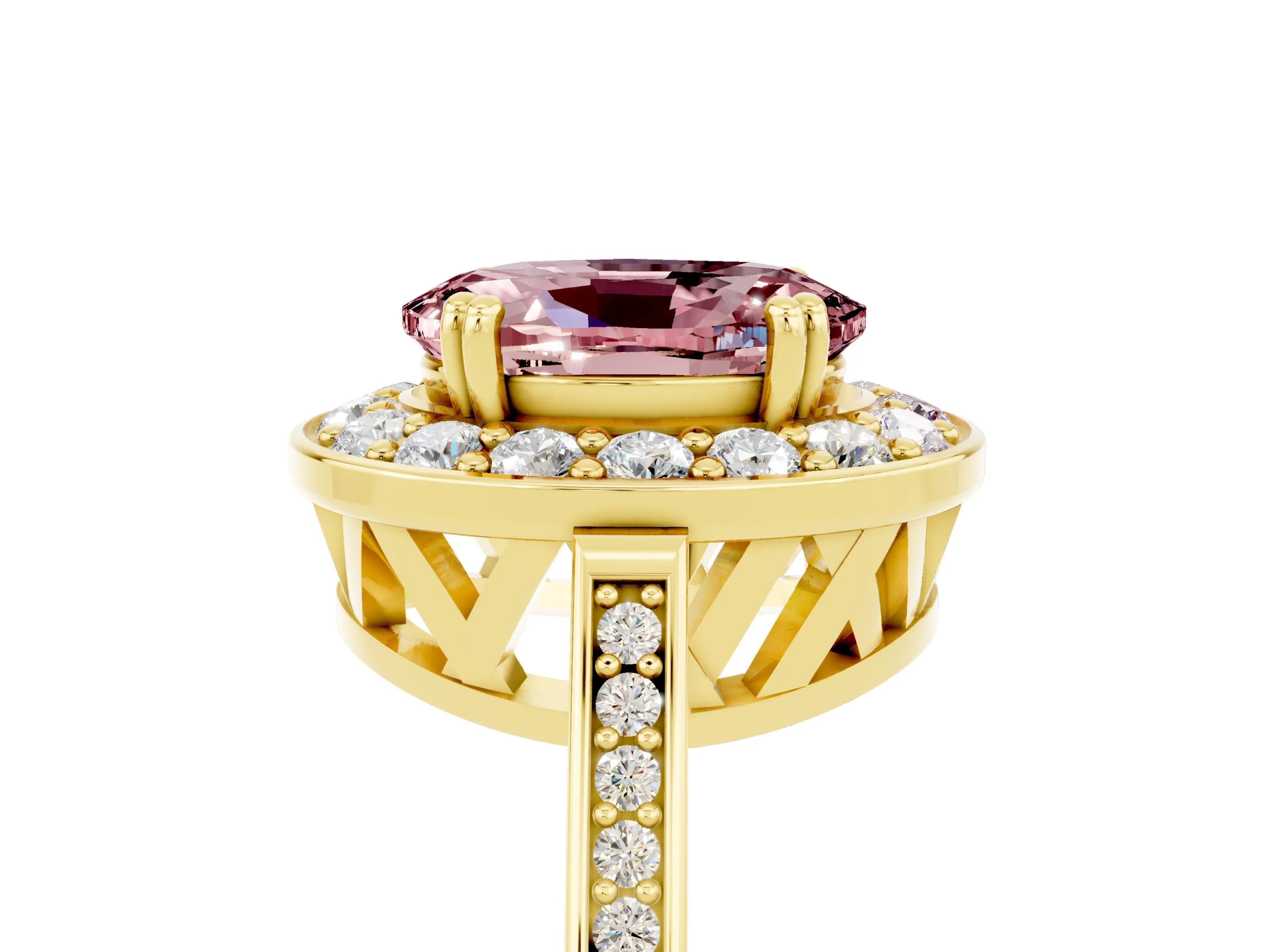 Yellow gold {shape_name} Morganite Halo Ring with Split Shank and Four-Prong Setting_5