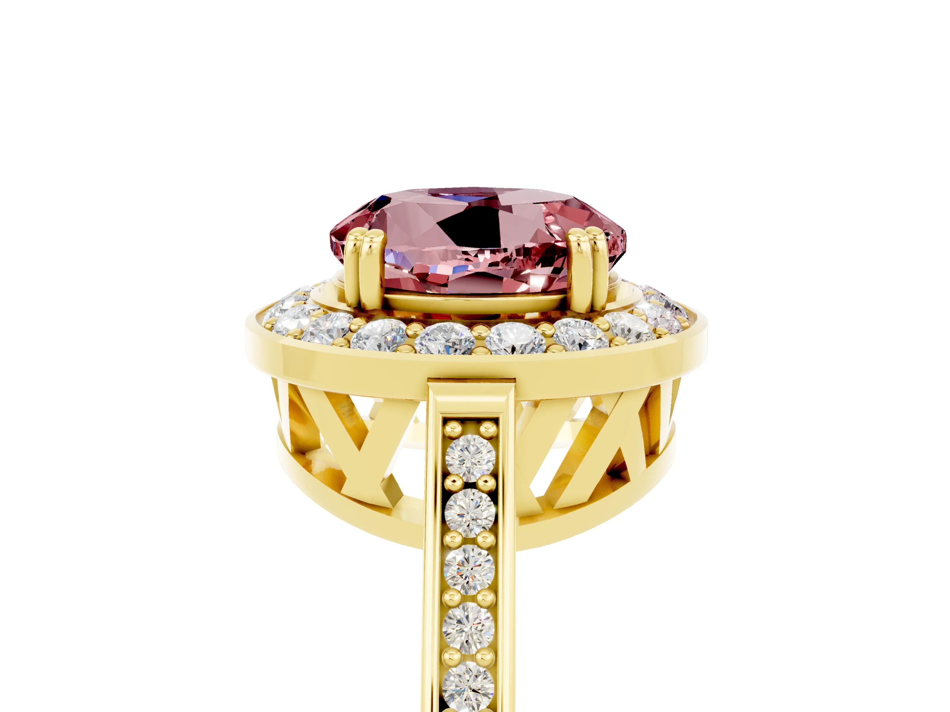 Yellow gold {shape_name} Morganite Halo Ring with Split Shank and Four-Prong Setting_5