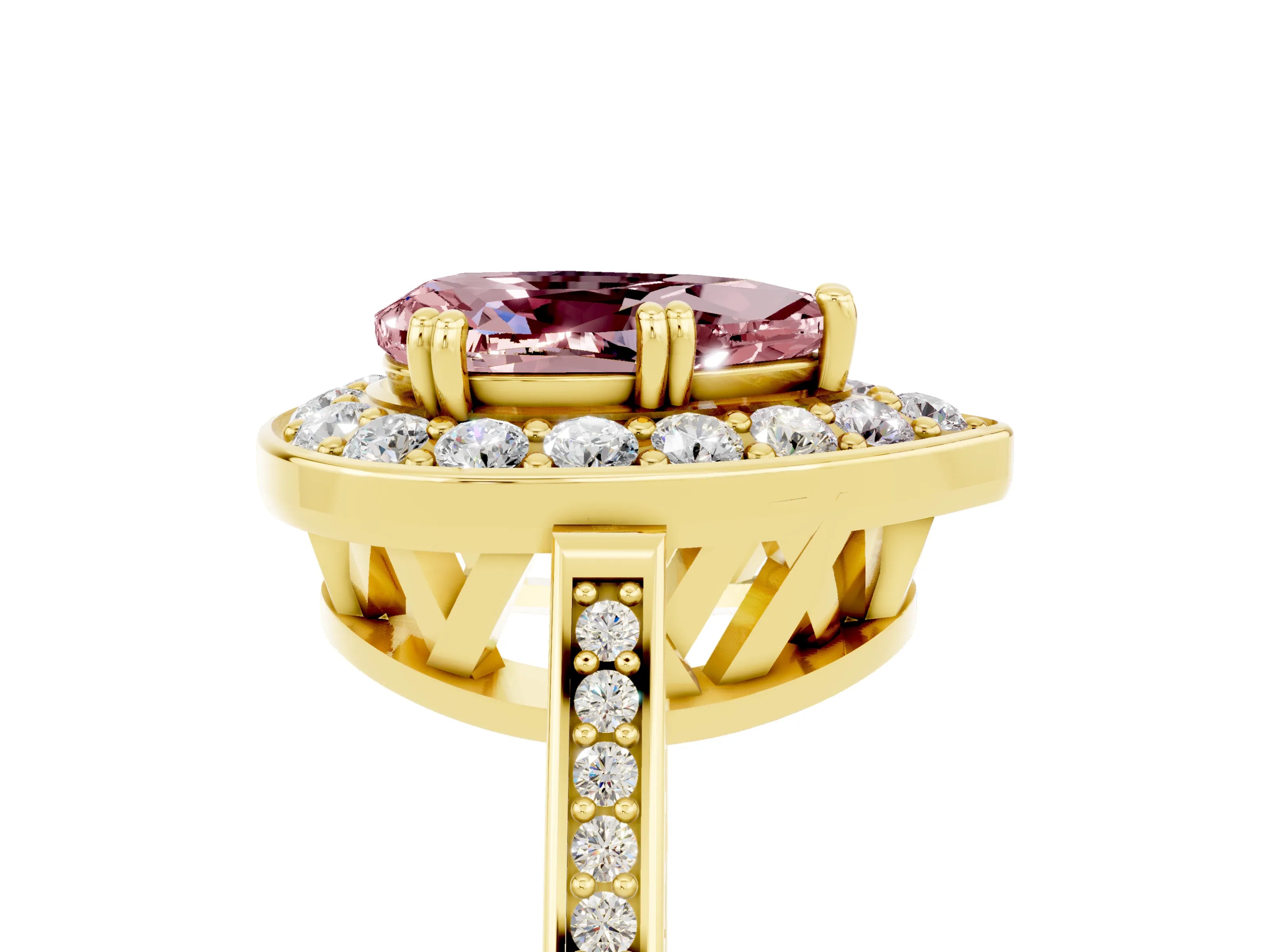 Yellow gold {shape_name} Morganite Halo Ring with Split Shank and Four-Prong Setting_5