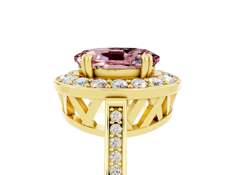 Yellow gold {shape_name} Morganite Halo Ring with Split Shank and Four-Prong Setting_5