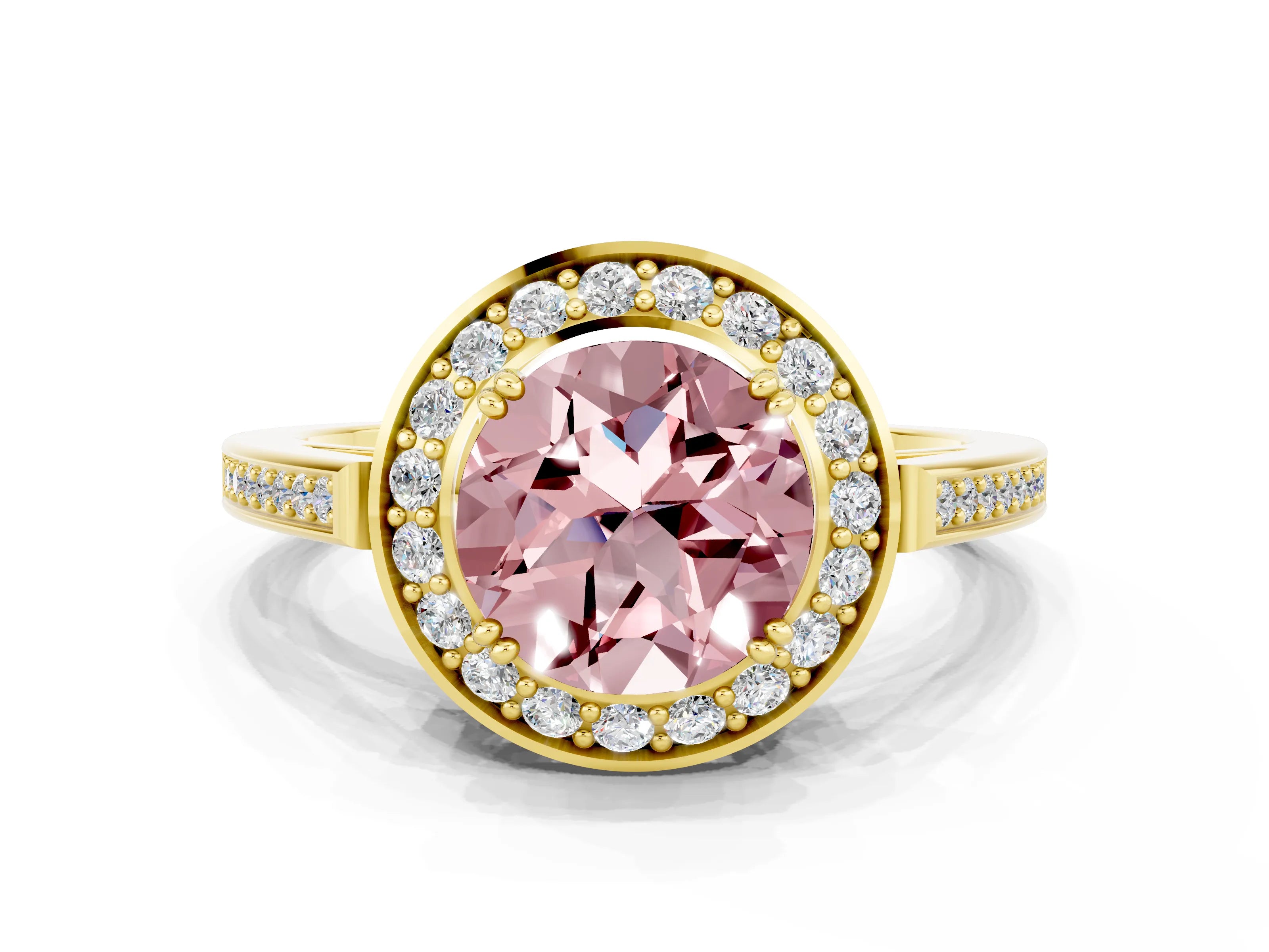 Yellow gold {shape_name} Morganite Halo Ring with Split Shank and Four-Prong Setting