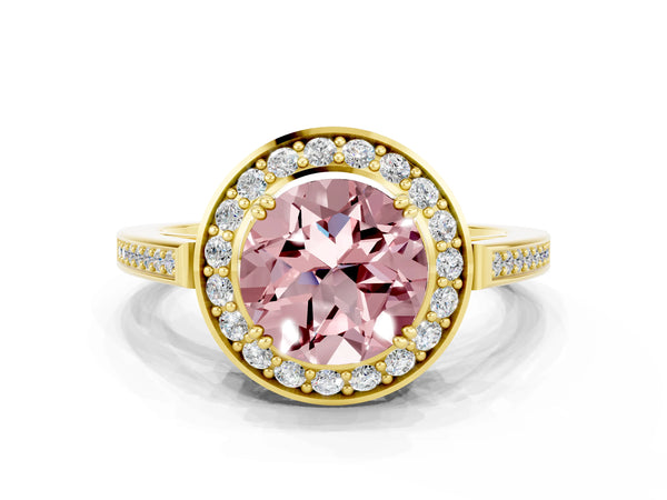 Yellow gold Round Cut Morganite Halo Ring with Split Shank and Four-Prong Setting