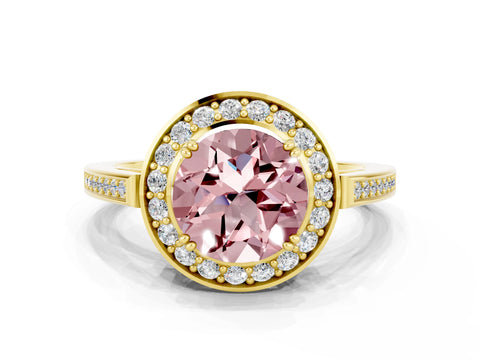 Yellow gold {shape_name} Morganite Halo Ring with Split Shank and Four-Prong Setting
