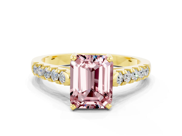 Yellow gold Emerald Cut Morganite Pavé Band Solitaire Ring with Prong Setting