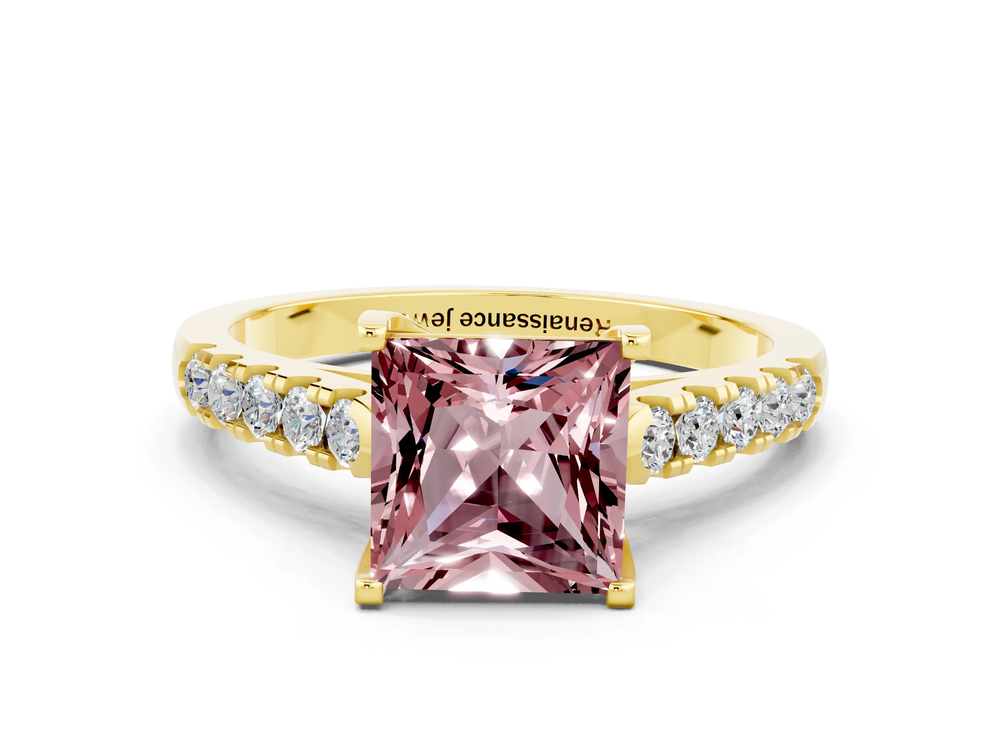 Yellow gold {shape_name} Morganite Solitaire Ring with Pavé Band and Four-Prong Setting