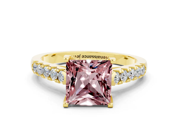 Yellow gold Princess Cut Morganite Pavé Band Solitaire Ring with Prong Setting