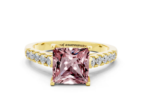 Yellow gold {shape_name} Morganite Solitaire Ring with Pavé Band and Four-Prong Setting