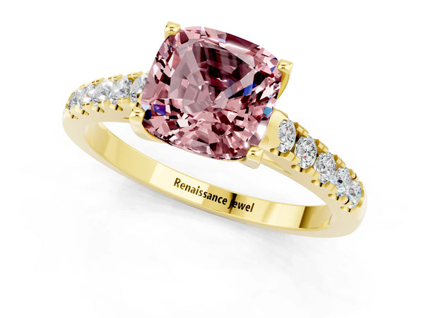 Yellow gold Cushion Cut Morganite Pavé Band Solitaire Ring with Prong Setting