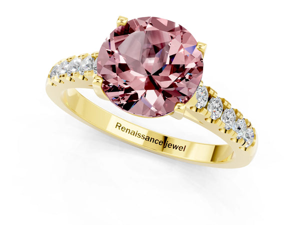 Yellow gold Round Cut Morganite Pavé Band Solitaire Ring with Prong Setting