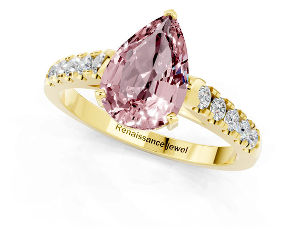 Yellow gold Pear Cut Morganite Pavé Band Solitaire Ring with Prong Setting