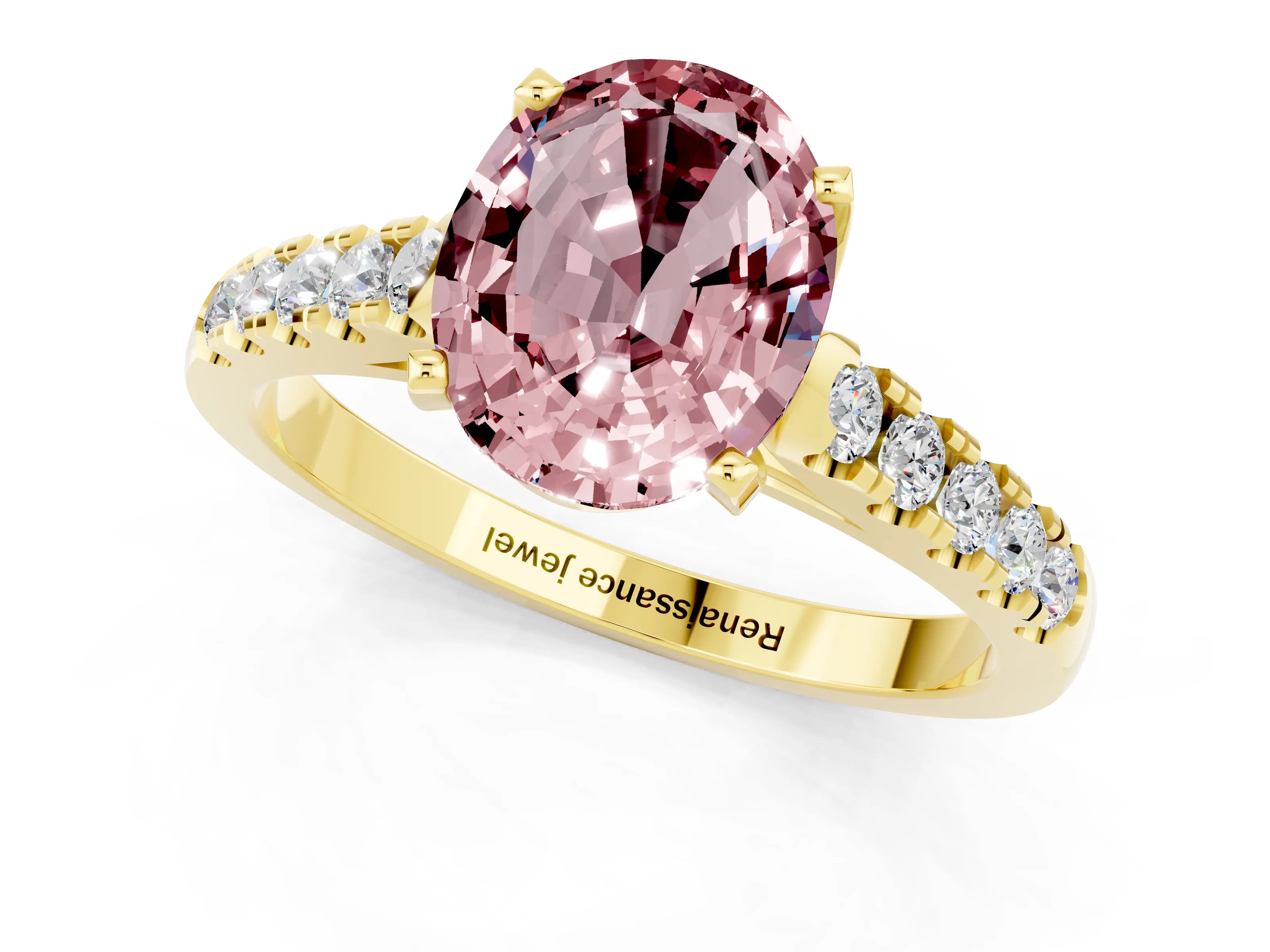 Yellow gold {shape_name} Morganite Solitaire Ring with Pavé Band and Four-Prong Setting_1