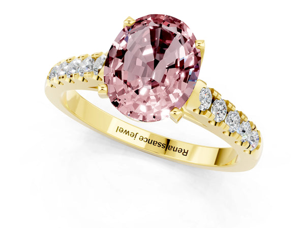Yellow gold Oval Cut Morganite Pavé Band Solitaire Ring with Prong Setting
