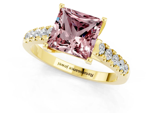 Yellow gold Princess Cut Morganite Pavé Band Solitaire Ring with Prong Setting