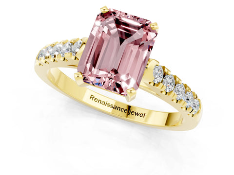 Yellow gold {shape_name} Morganite Solitaire Ring with Pavé Band and Four-Prong Setting_1