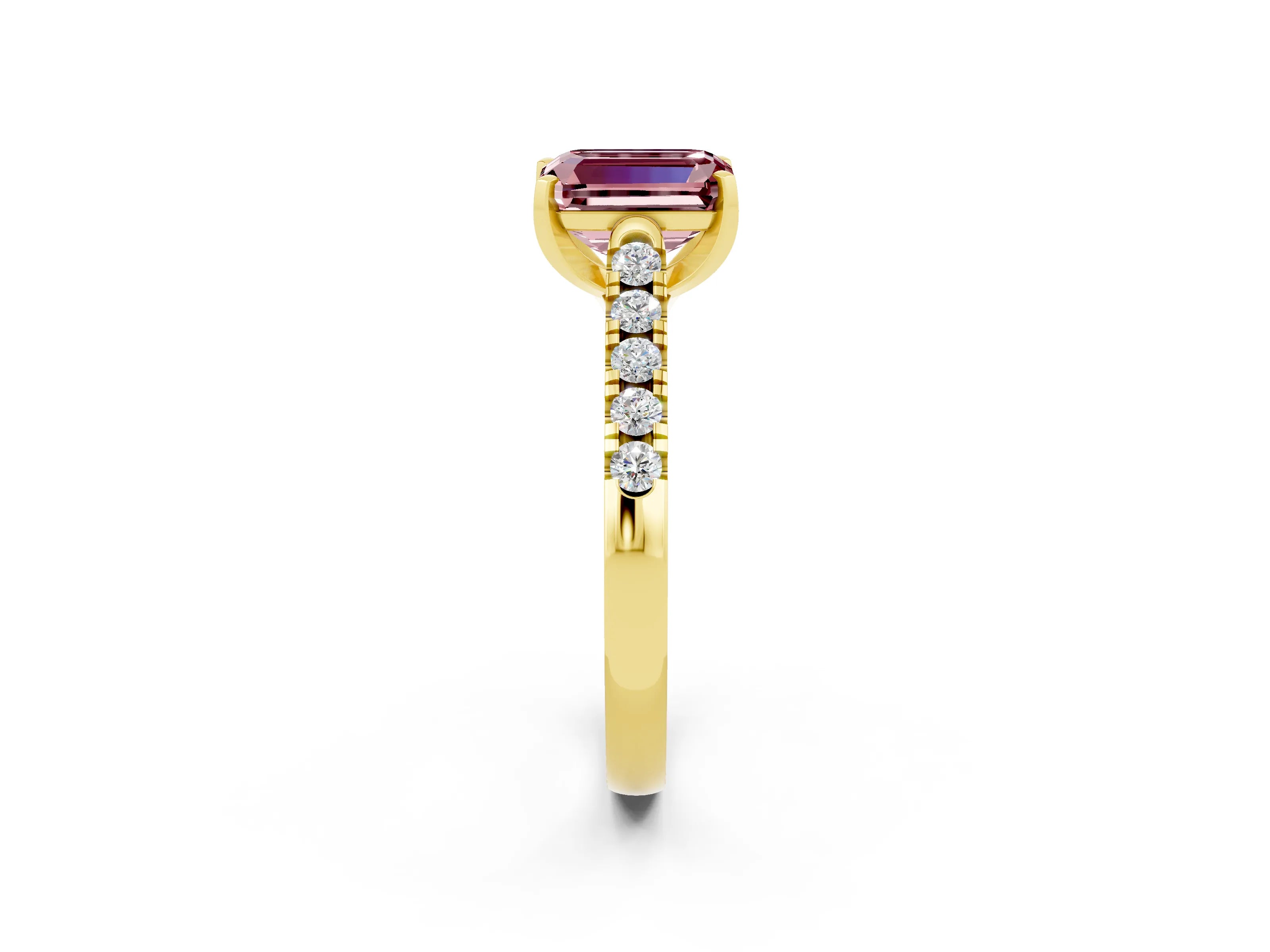 Yellow gold {shape_name} Morganite Solitaire Ring with Pavé Band and Four-Prong Setting_2