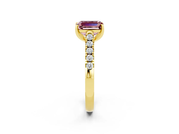 Yellow gold Emerald Cut Morganite Pavé Band Solitaire Ring with Prong Setting