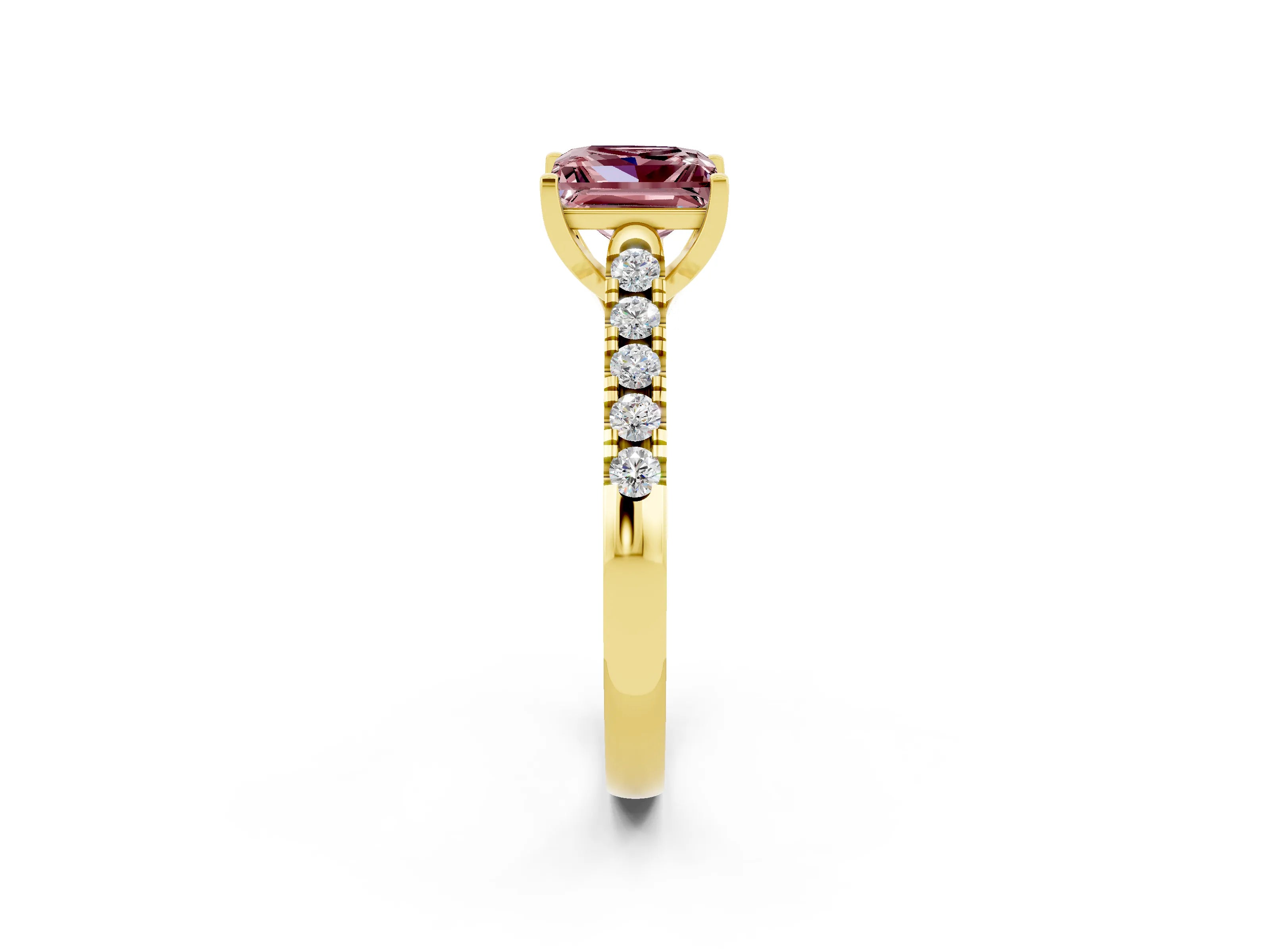 Yellow gold {shape_name} Morganite Solitaire Ring with Pavé Band and Four-Prong Setting_2