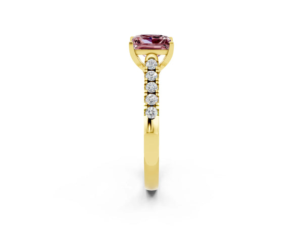 Yellow gold Princess Cut Morganite Pavé Band Solitaire Ring with Prong Setting