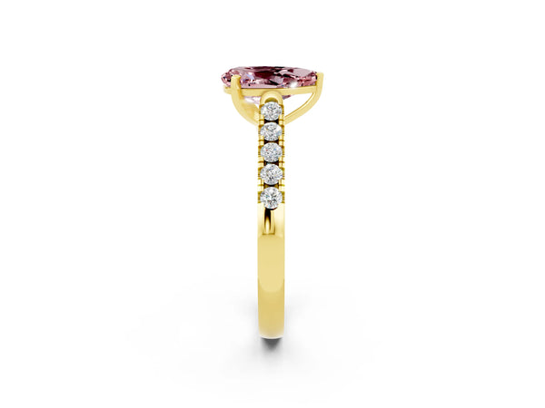 Yellow gold Pear Cut Morganite Pavé Band Solitaire Ring with Prong Setting