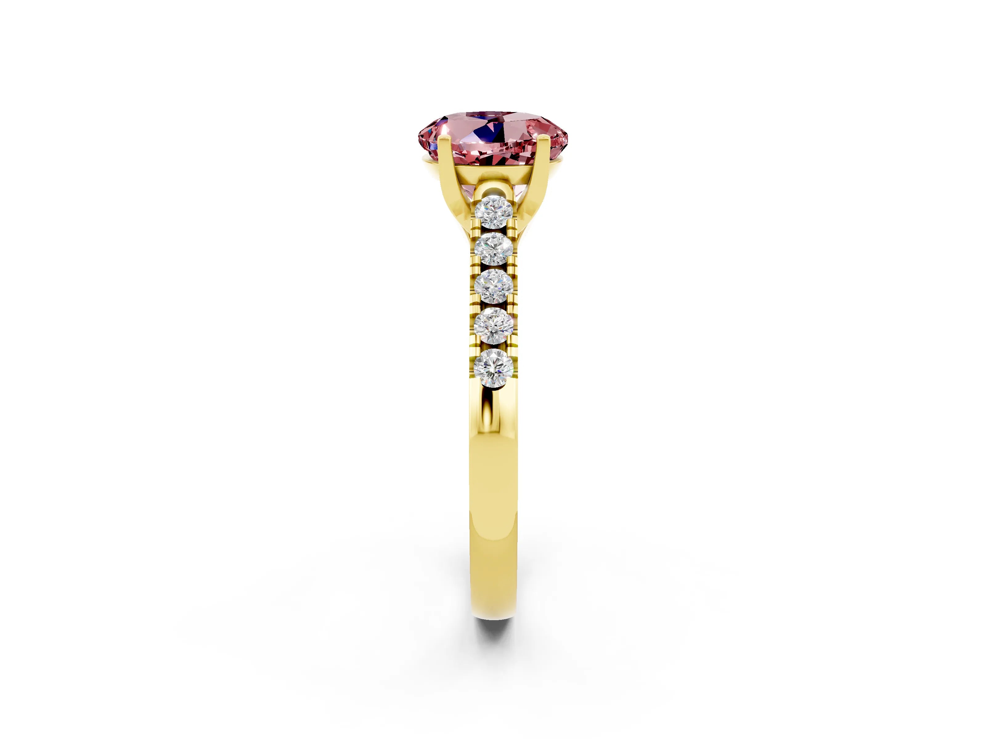 Yellow gold {shape_name} Morganite Solitaire Ring with Pavé Band and Four-Prong Setting_2