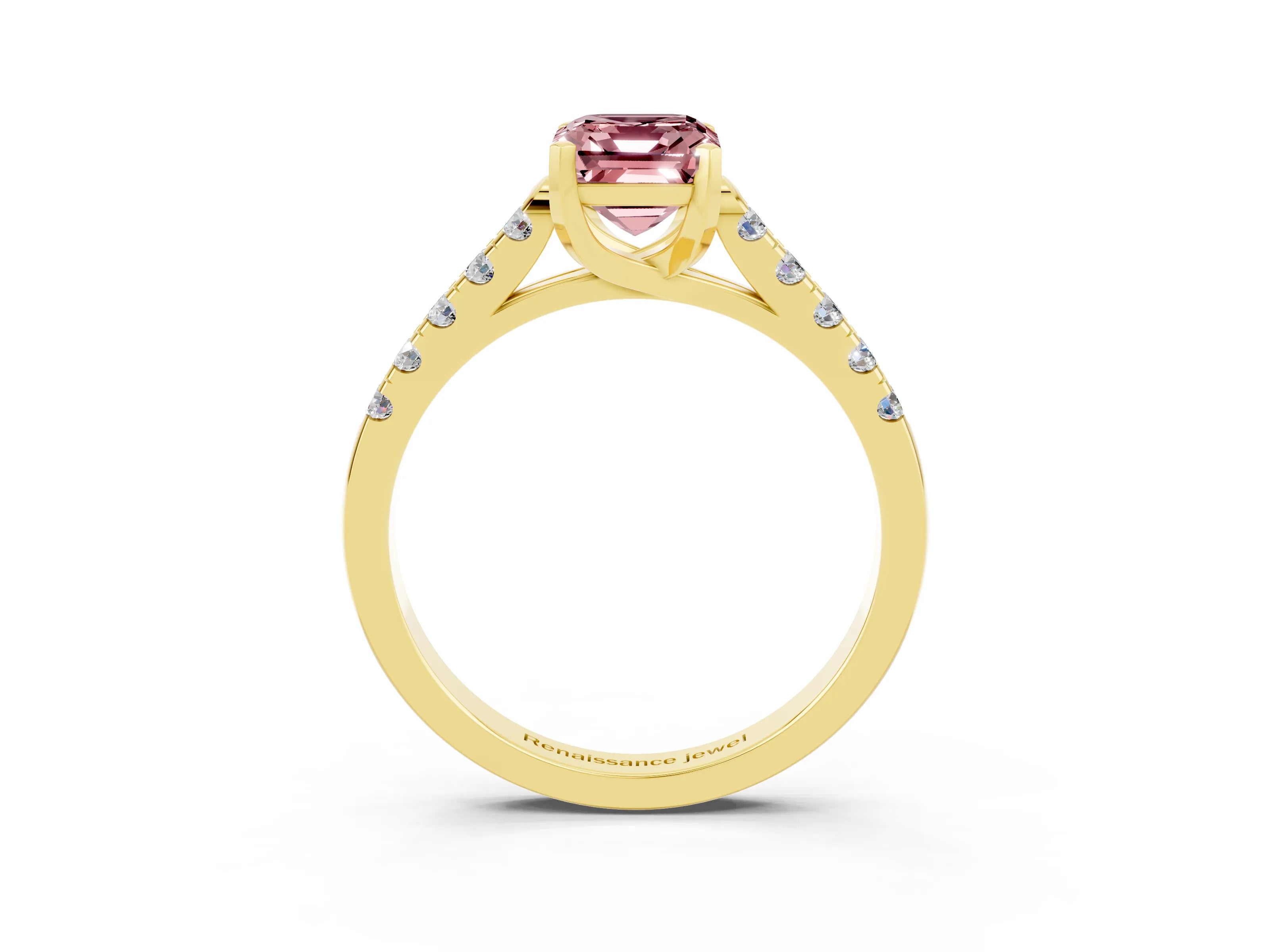 Yellow gold {shape_name} Morganite Solitaire Ring with Pavé Band and Four-Prong Setting_3