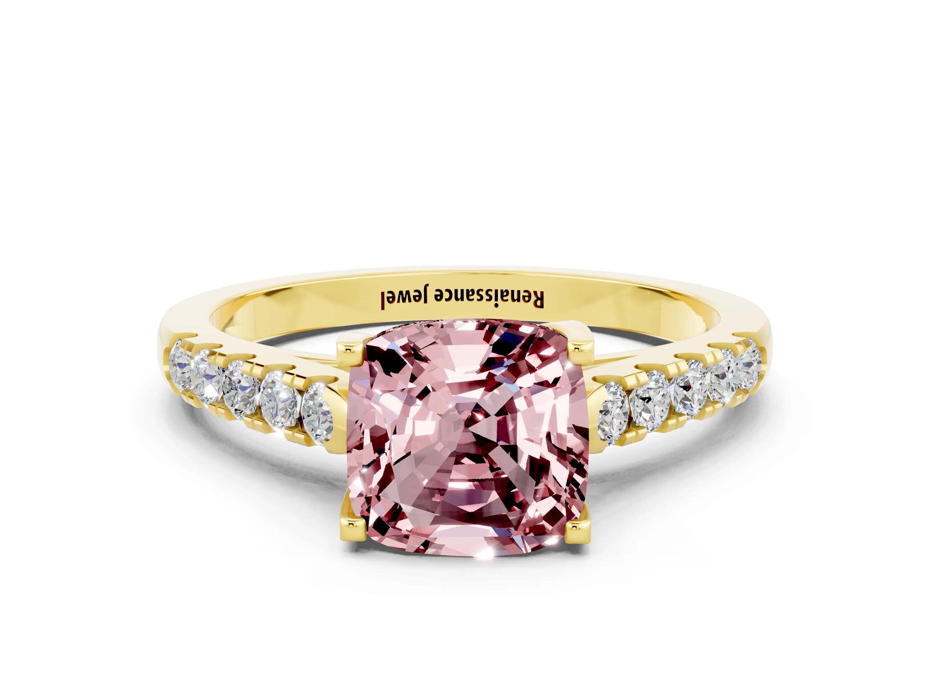 Yellow gold {shape_name} Morganite Solitaire Ring with Pavé Band and Four-Prong Setting