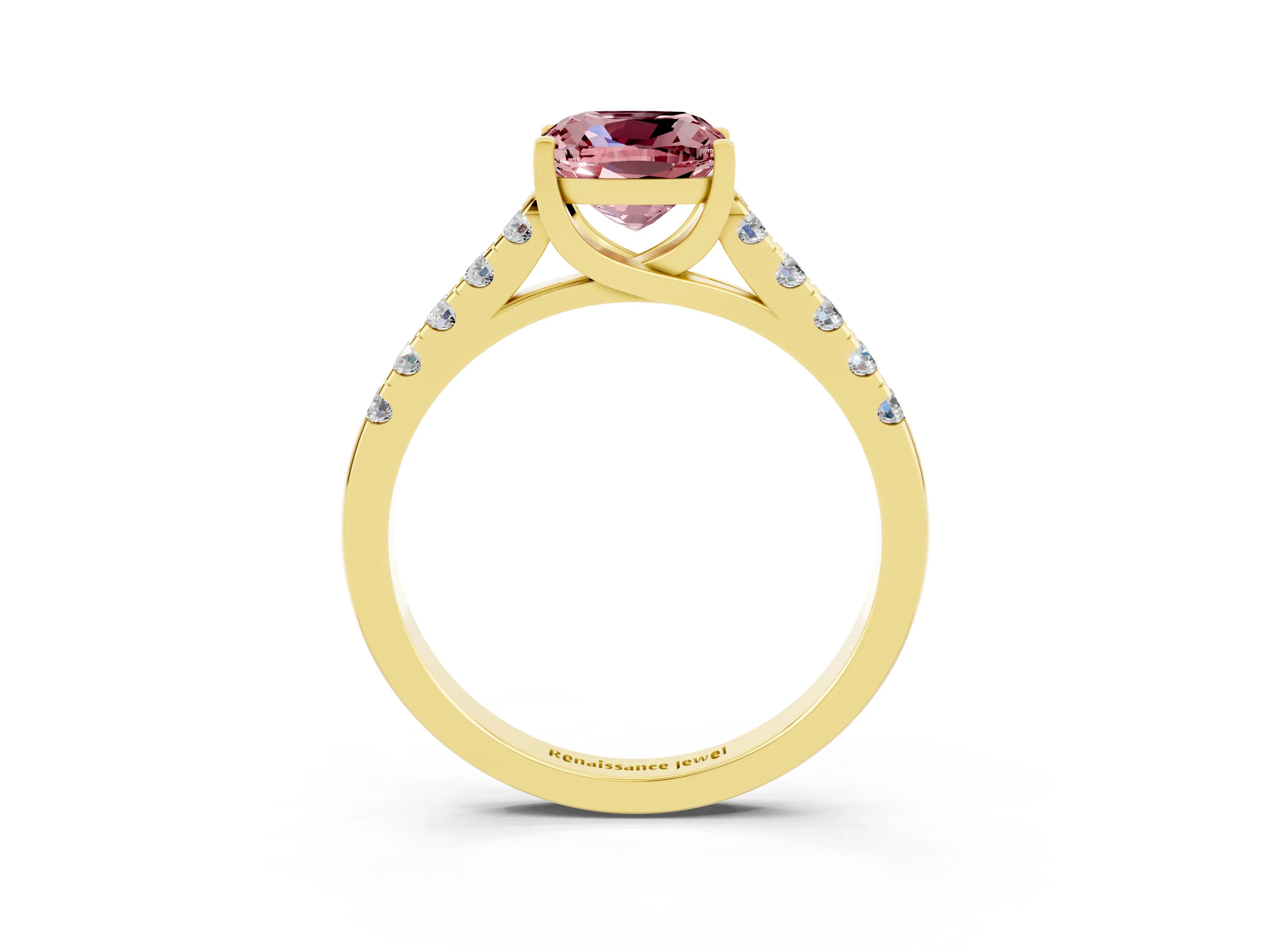 Yellow gold {shape_name} Morganite Solitaire Ring with Pavé Band and Four-Prong Setting_3
