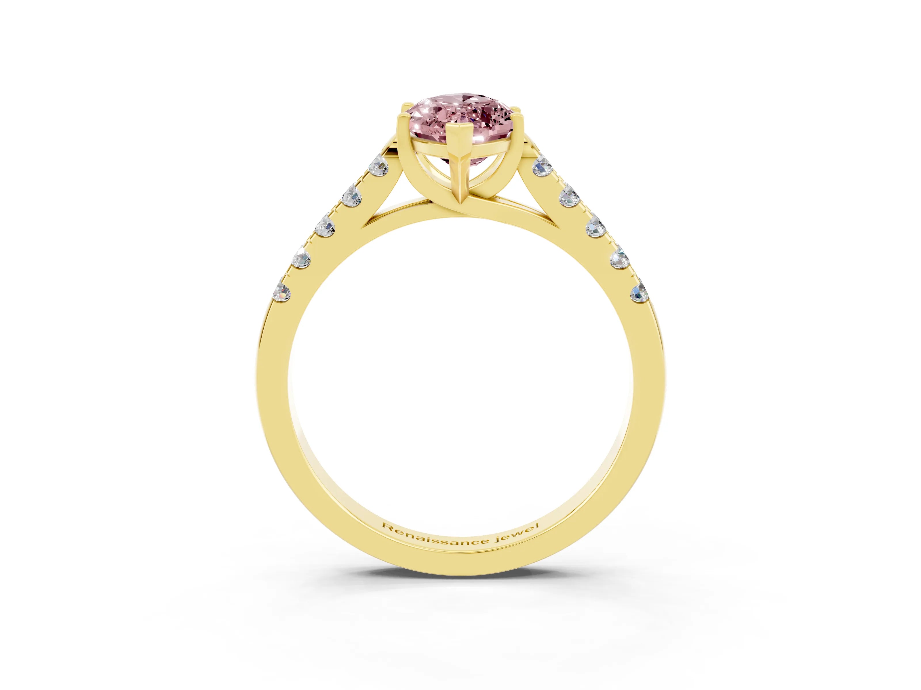 Yellow gold {shape_name} Morganite Solitaire Ring with Pavé Band and Four-Prong Setting_3