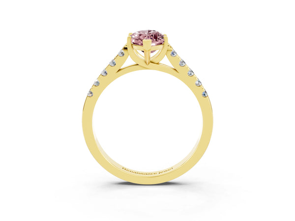 Yellow gold Marquise Cut Morganite Pavé Band Solitaire Ring with Prong Setting