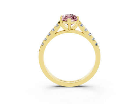 Yellow gold {shape_name} Morganite Solitaire Ring with Pavé Band and Four-Prong Setting_3