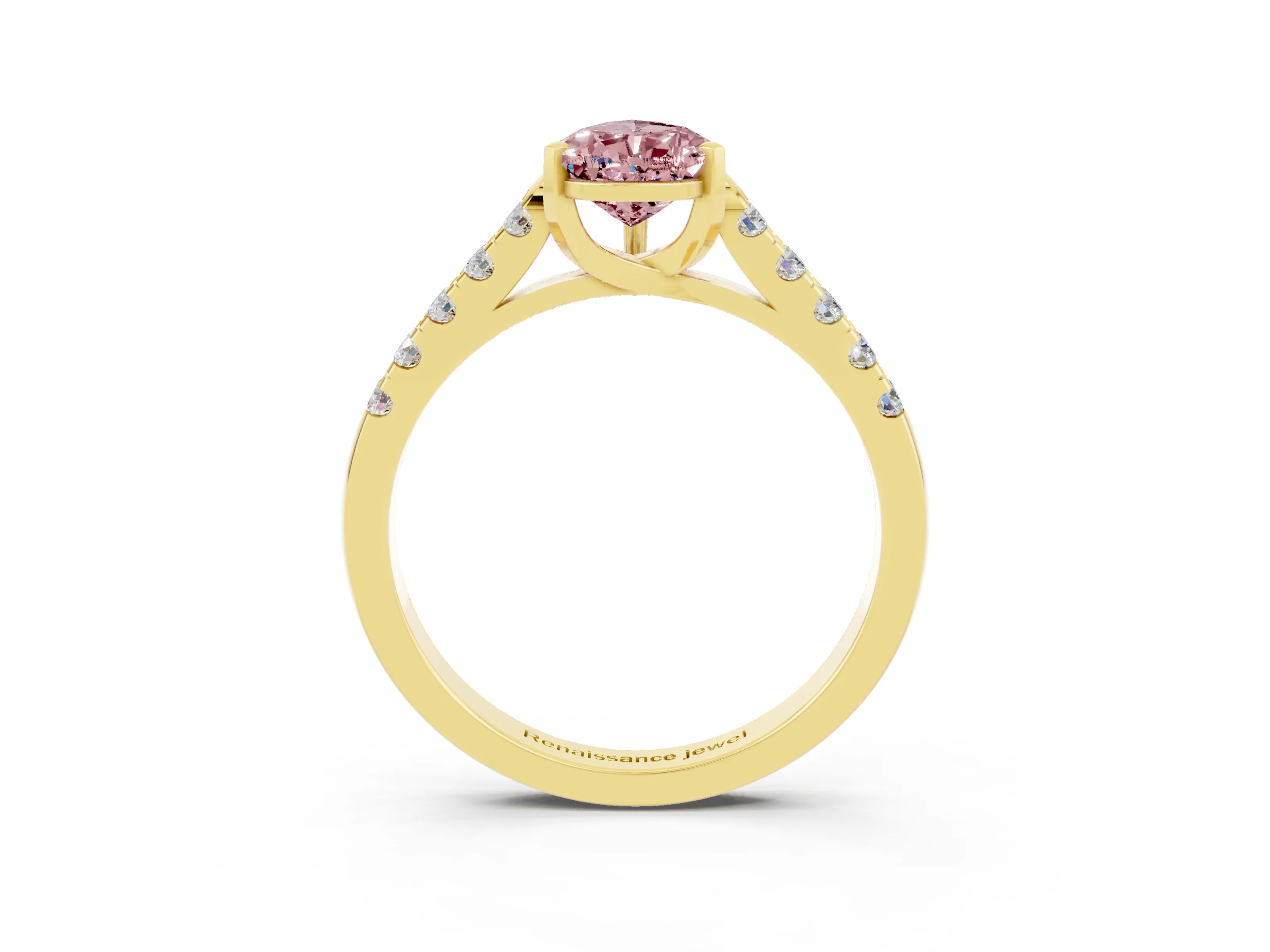 Yellow gold {shape_name} Morganite Solitaire Ring with Pavé Band and Four-Prong Setting_3