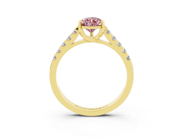 Yellow gold Pear Cut Morganite Pavé Band Solitaire Ring with Prong Setting