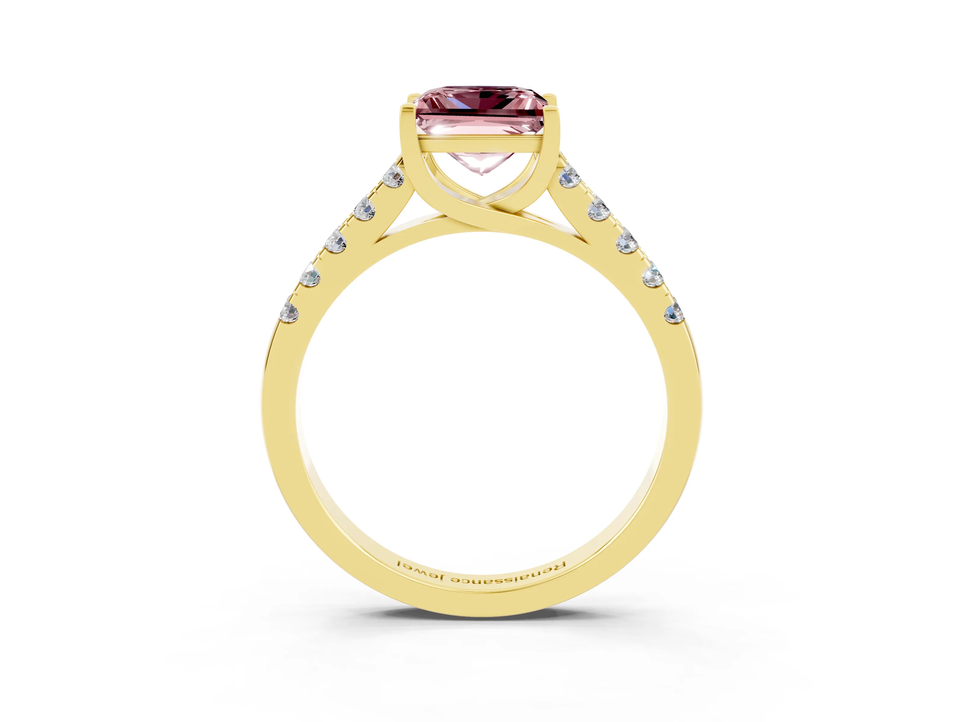 Yellow gold {shape_name} Morganite Solitaire Ring with Pavé Band and Four-Prong Setting_3