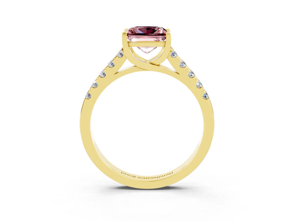 Yellow gold Princess Cut Morganite Pavé Band Solitaire Ring with Prong Setting