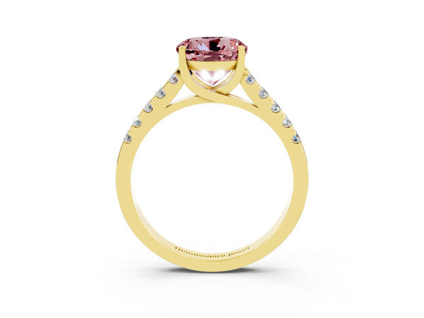 Yellow gold Round Cut Morganite Pavé Band Solitaire Ring with Prong Setting