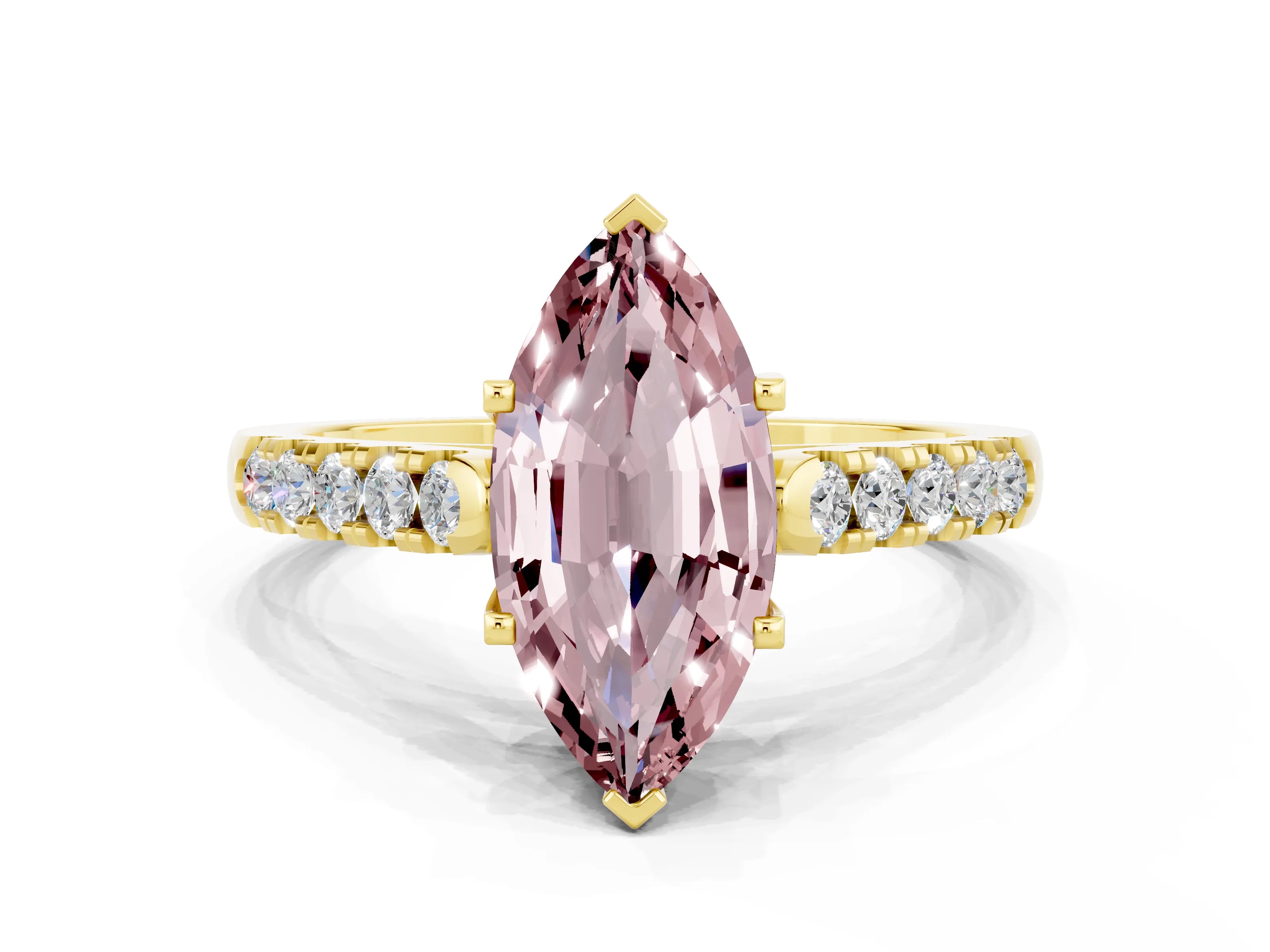 Yellow gold {shape_name} Morganite Solitaire Ring with Pavé Band and Four-Prong Setting