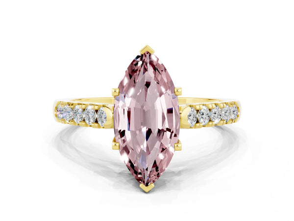 Yellow gold Marquise Cut Morganite Pavé Band Solitaire Ring with Prong Setting