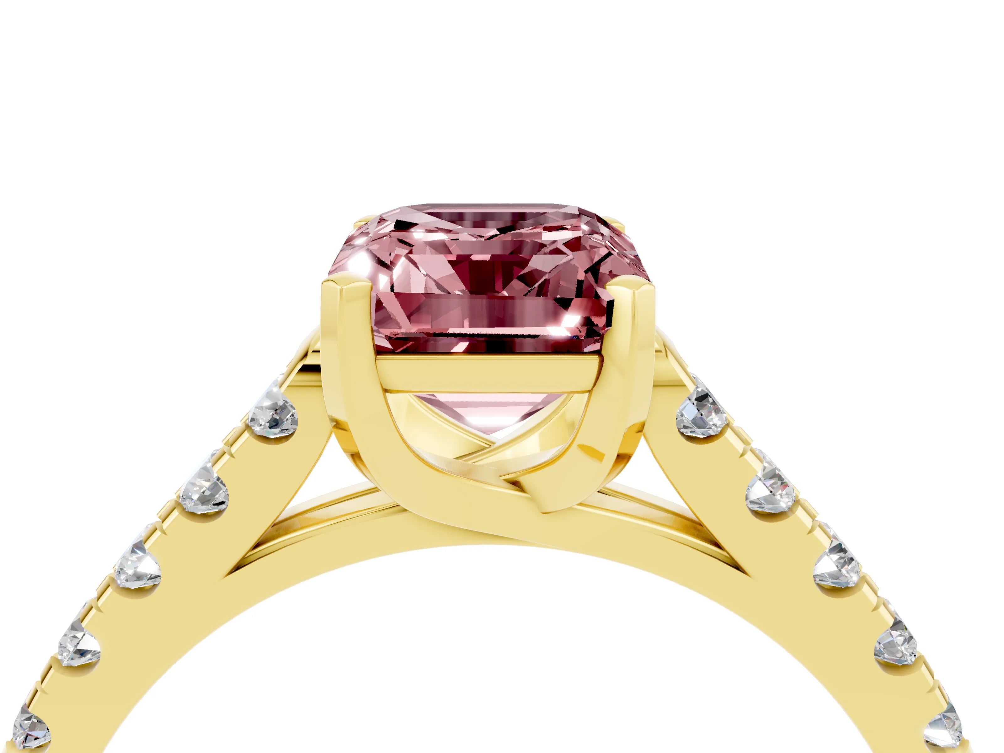 Yellow gold {shape_name} Morganite Solitaire Ring with Pavé Band and Four-Prong Setting_4