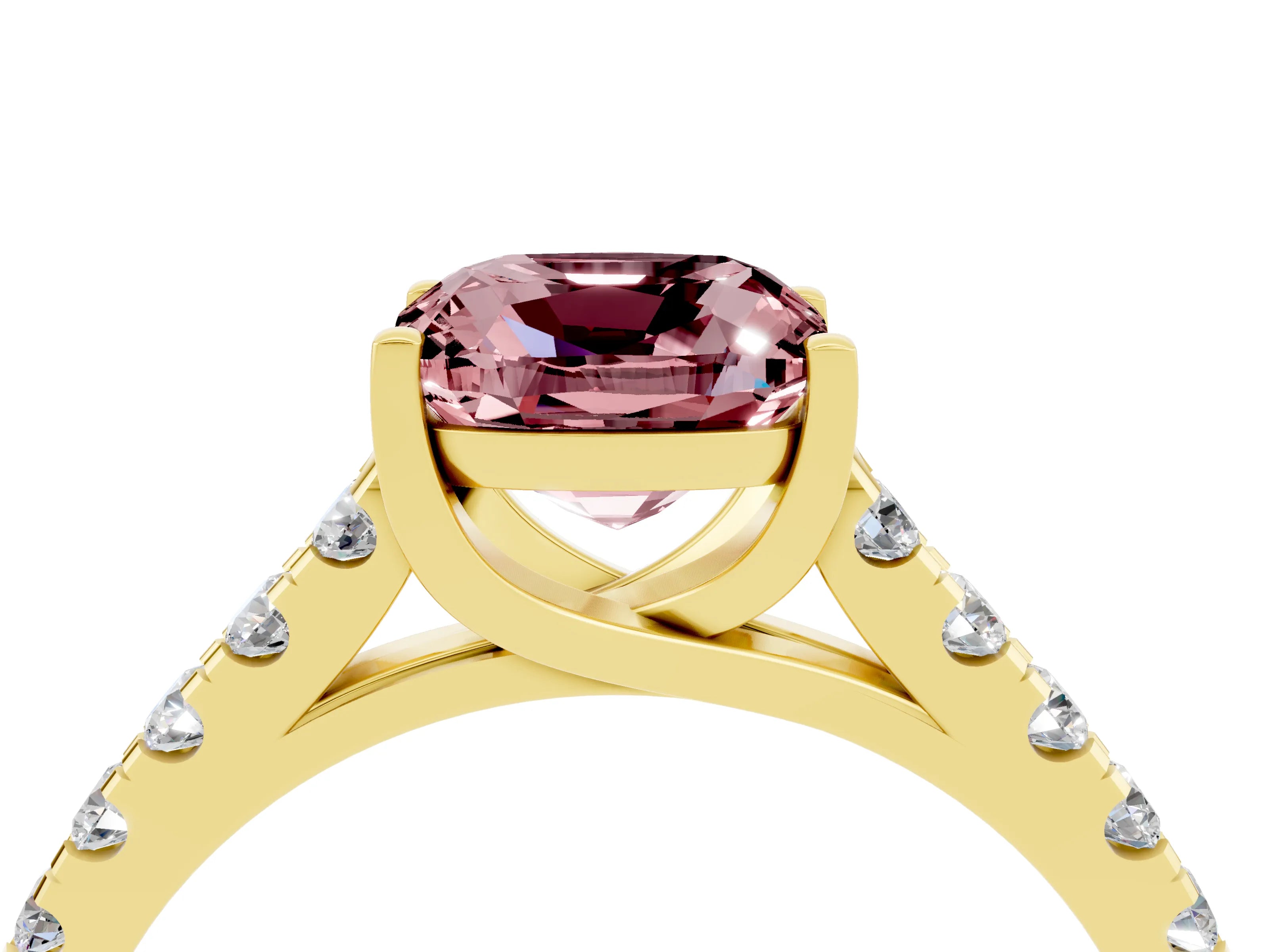 Yellow gold {shape_name} Morganite Solitaire Ring with Pavé Band and Four-Prong Setting_4