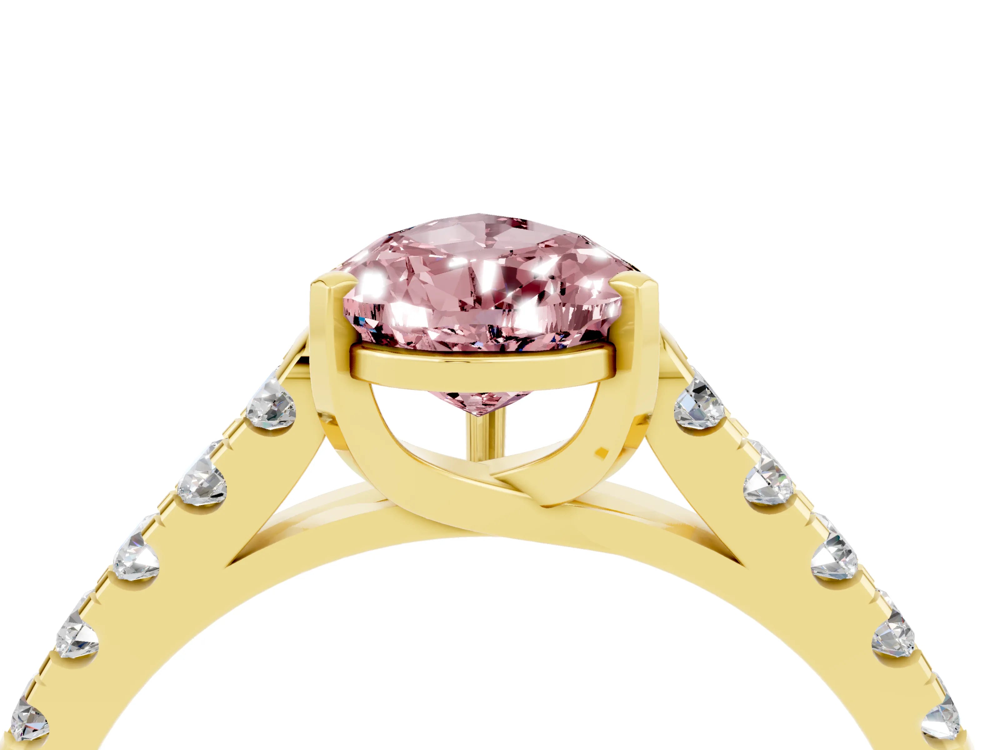 Yellow gold {shape_name} Morganite Solitaire Ring with Pavé Band and Four-Prong Setting_4