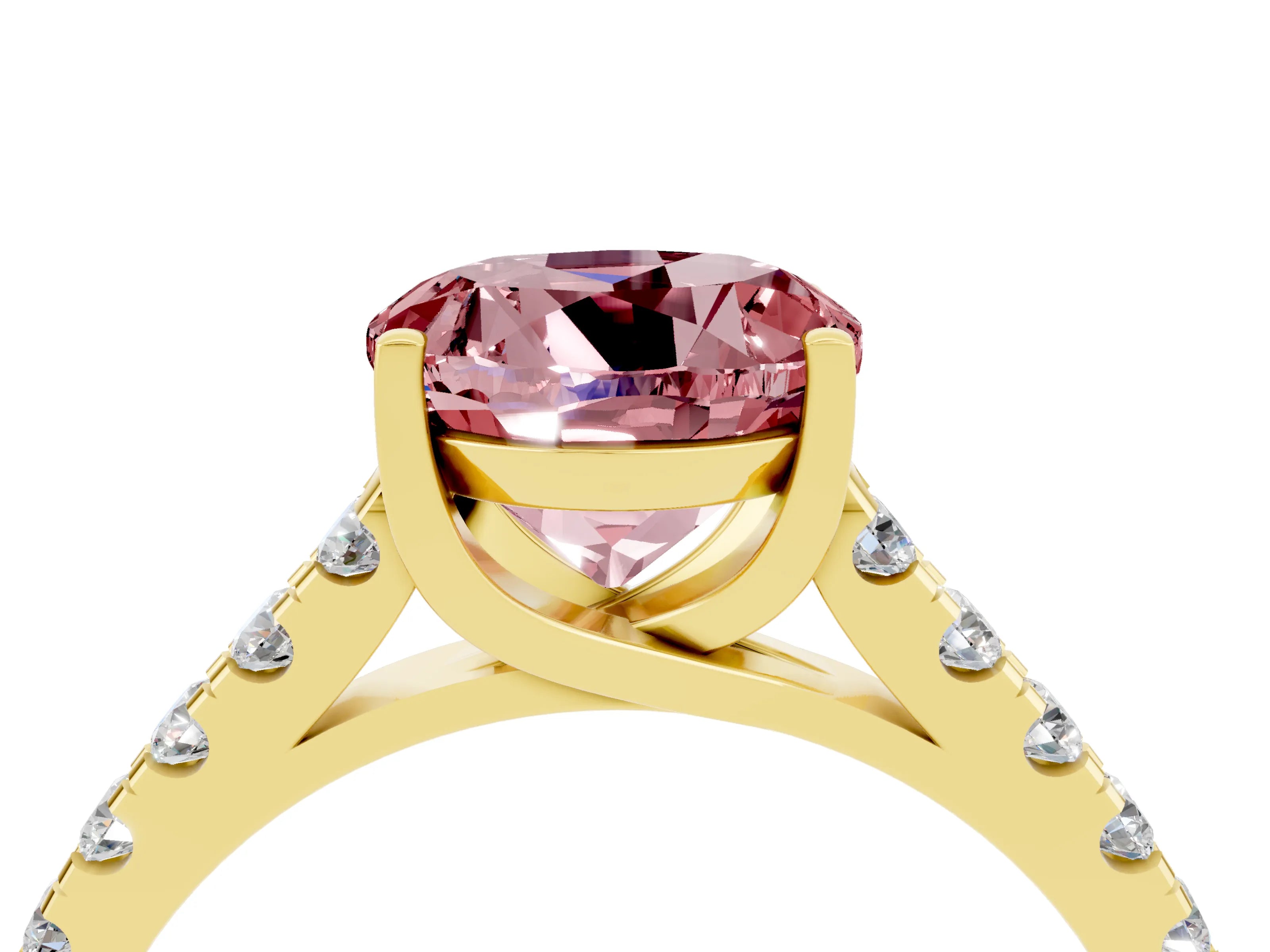 Yellow gold {shape_name} Morganite Solitaire Ring with Pavé Band and Four-Prong Setting_4