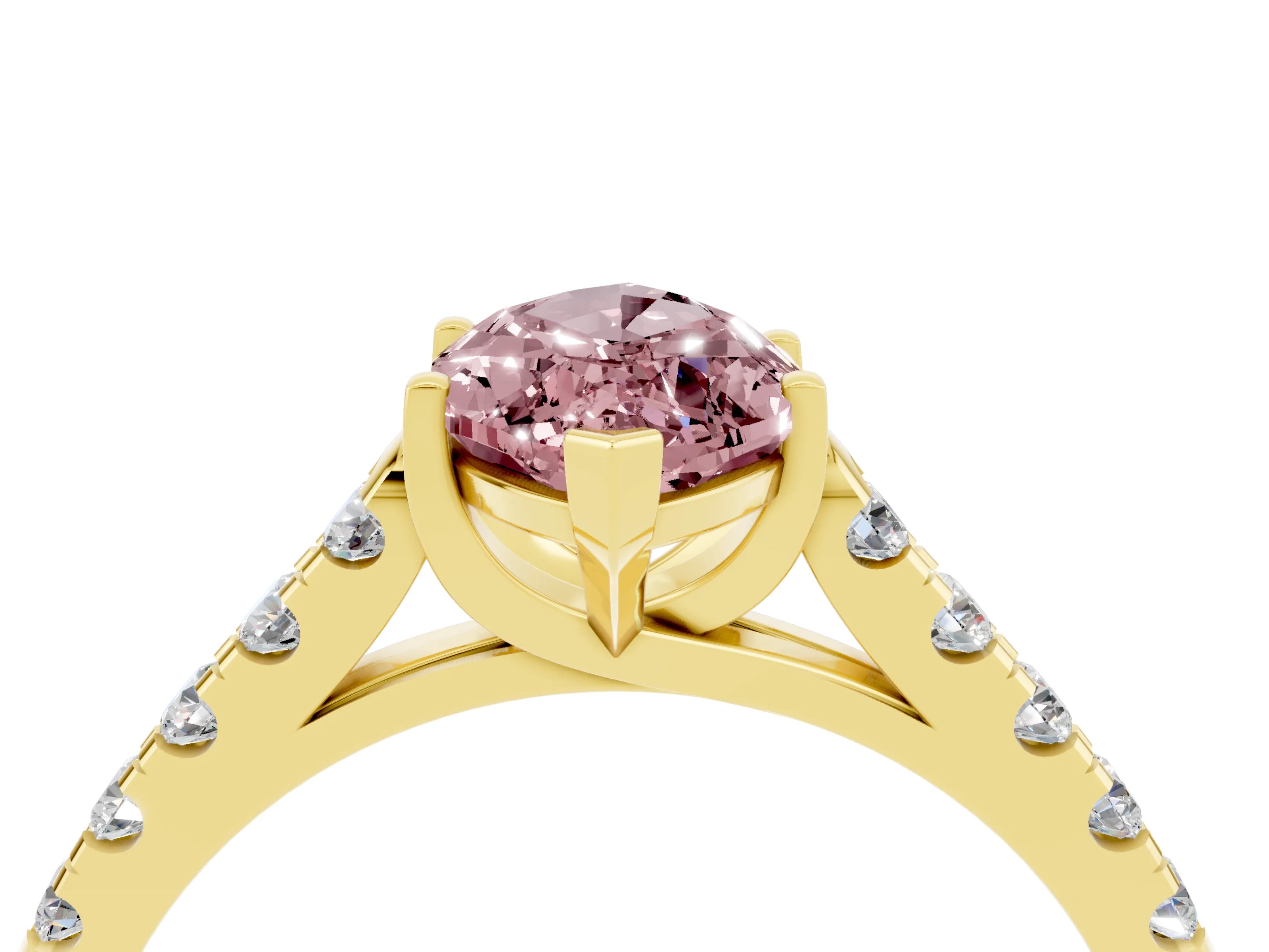 Yellow gold {shape_name} Morganite Solitaire Ring with Pavé Band and Four-Prong Setting_4