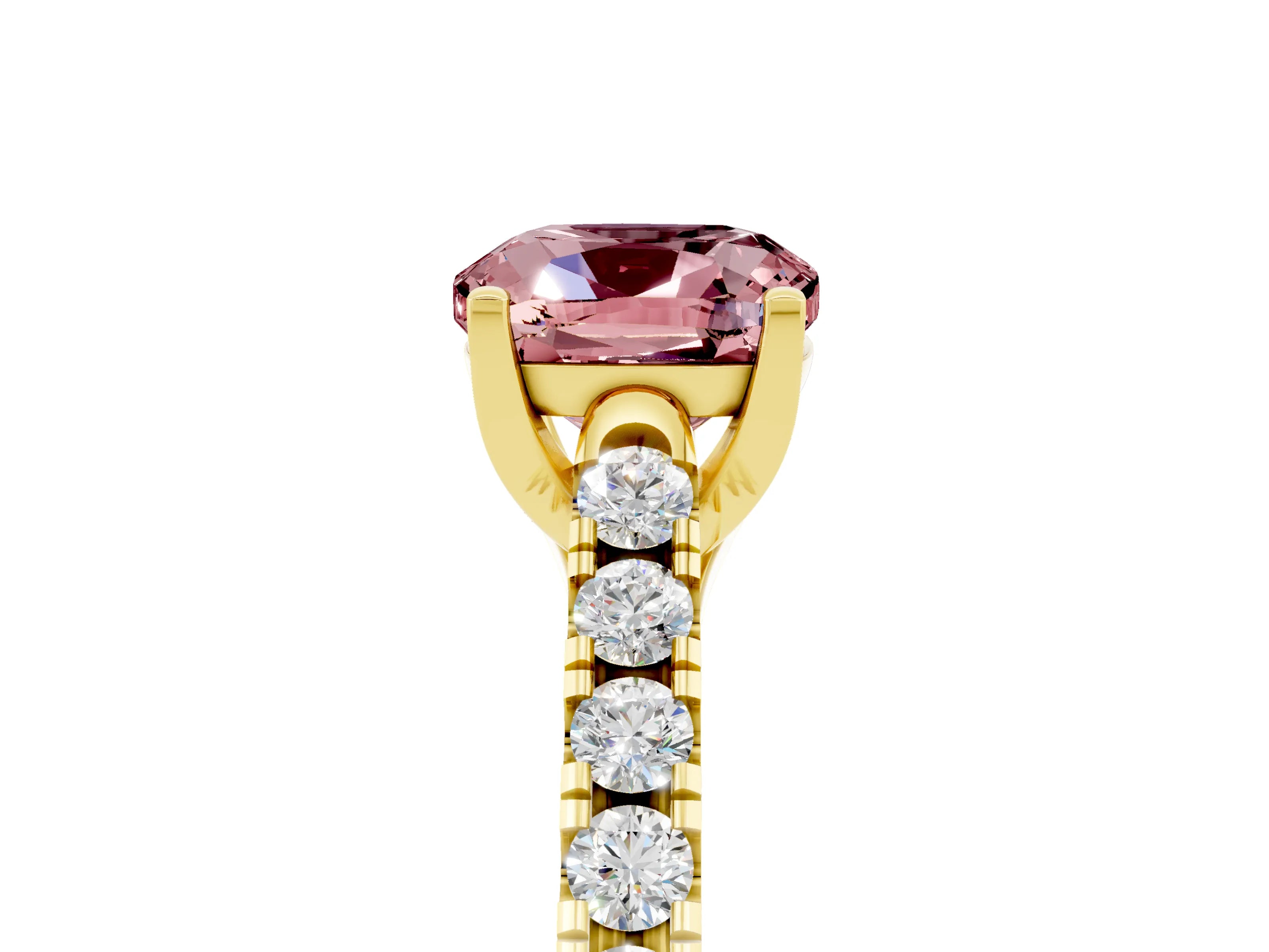 Yellow gold {shape_name} Morganite Solitaire Ring with Pavé Band and Four-Prong Setting_5