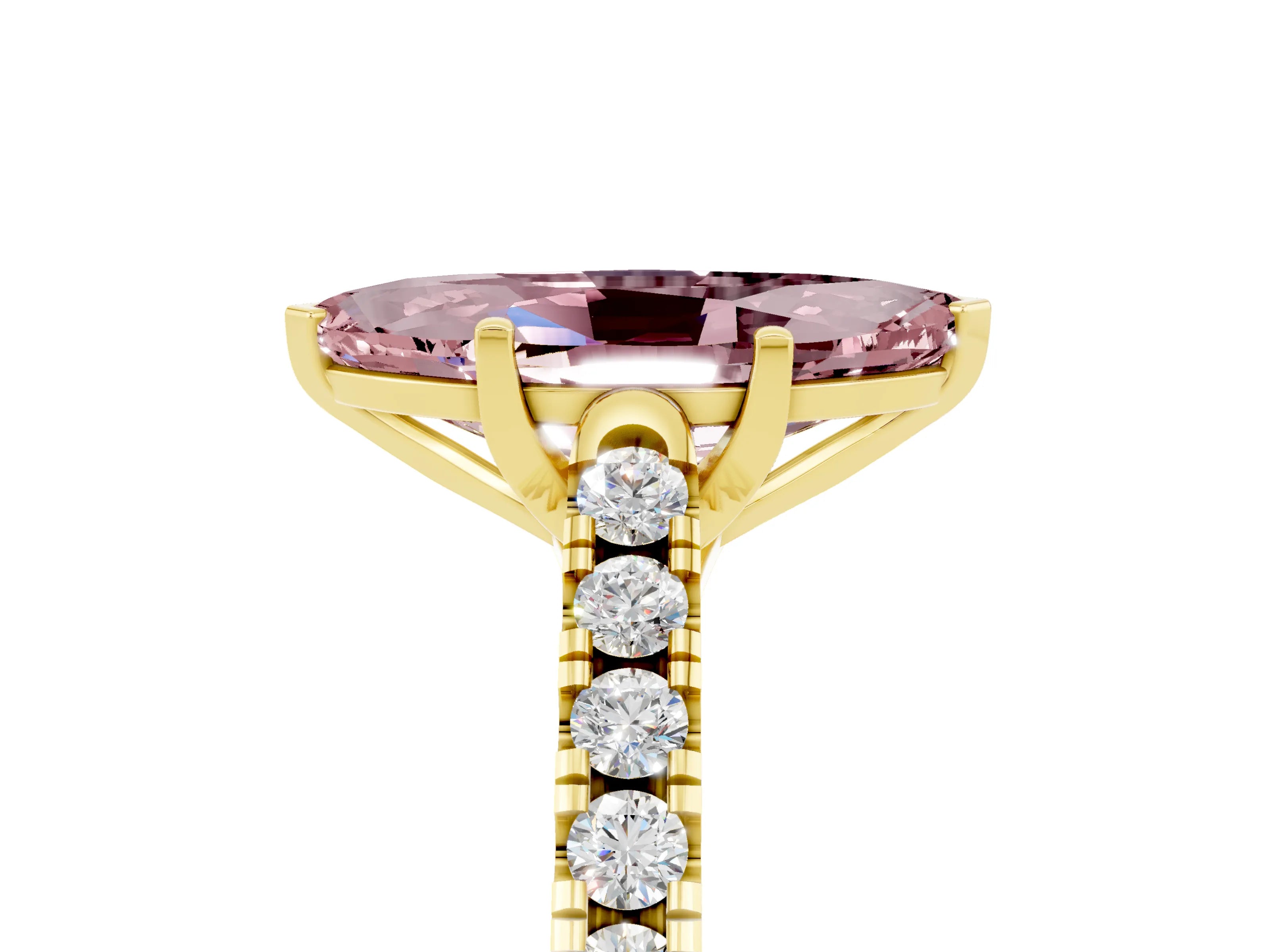 Yellow gold {shape_name} Morganite Solitaire Ring with Pavé Band and Four-Prong Setting_5
