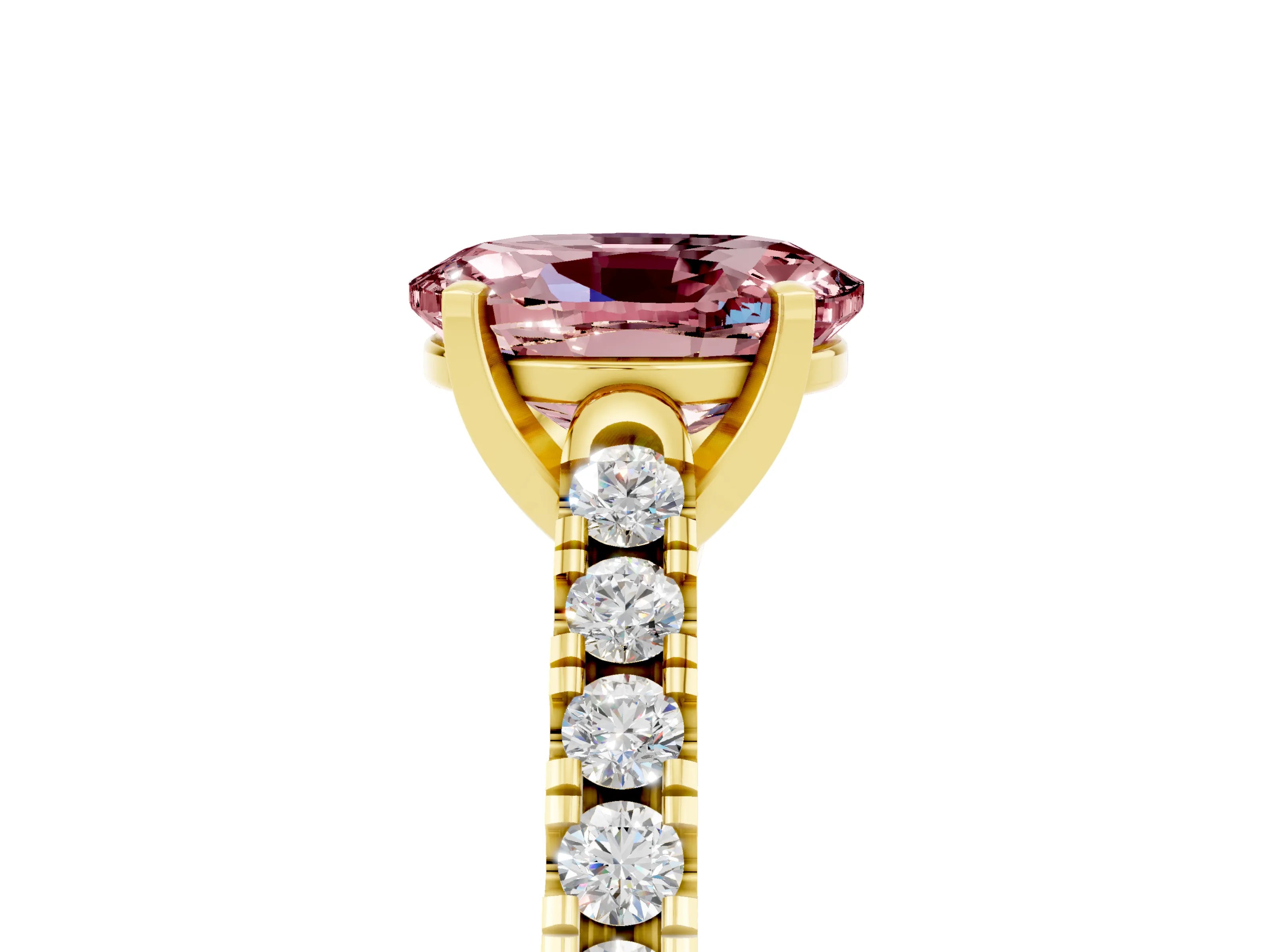 Yellow gold {shape_name} Morganite Solitaire Ring with Pavé Band and Four-Prong Setting_5