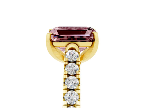 Yellow gold {shape_name} Morganite Solitaire Ring with Pavé Band and Four-Prong Setting_5