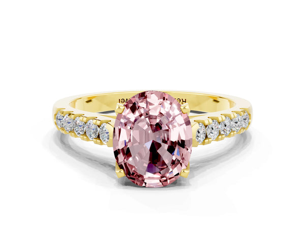 Yellow gold Oval Cut Morganite Pavé Band Solitaire Ring with Prong Setting