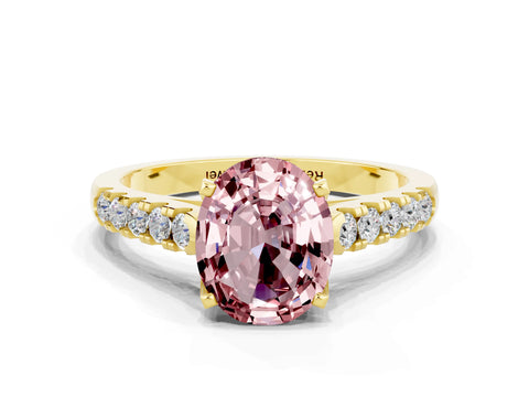 Yellow gold {shape_name} Morganite Solitaire Ring with Pavé Band and Four-Prong Setting